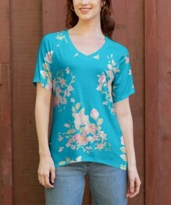 Lily | Aqua & Pink Floral Short Sleeve V-Neck Top - Women & Plus