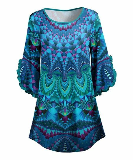 Lily | Turquoise & Blue Abstract Ruffle-Accent Dolman Tunic - Women & Plus 1 Lily | Turquoise & Blue Abstract Ruffle-Accent Dolman Tunic - Women & Plus