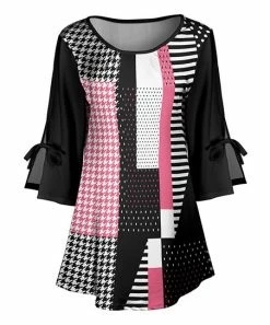 Lily | Black & Pink Houndstooth Bow-Accent Three-Quarter Sleeve Tunic - Women & Plus