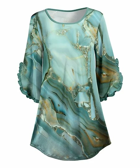 Lily | Mint & Gold Marble Ruffle-Accent Dolman Tunic - Women & Plus 1 Lily | Mint & Gold Marble Ruffle-Accent Dolman Tunic - Women & Plus