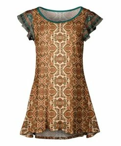 Lily | Brown & Teal Geometric Stripe Flutter-Sleeve Hi-Low Tunic - Women & Plus