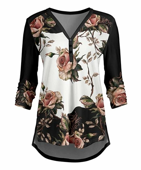 Lily | Black & Pink Rose Button-Front Hi-Low Tunic - Women & Plus 1 Lily | Black & Pink Rose Button-Front Hi-Low Tunic - Women & Plus