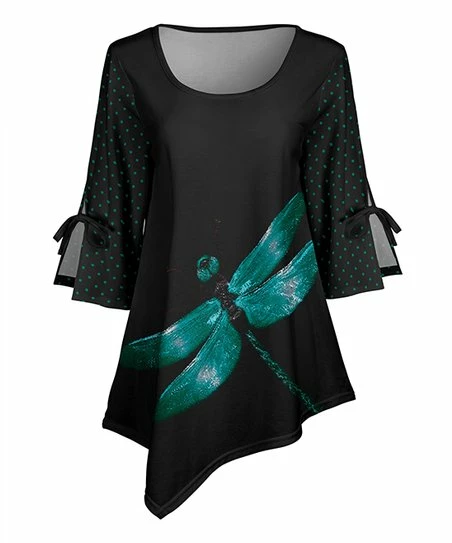 Lily | Black & Teal Dragonfly Triangle-Hem Three-Quarter Sleeve Tunic - Women & Plus 1 Lily | Black & Teal Dragonfly Triangle-Hem Three-Quarter Sleeve Tunic - Women & Plus