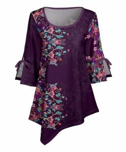 Lily | Purple & Pink Floral Triangle-Hem Three-Quarter Sleeve Tunic - Women & Plus
