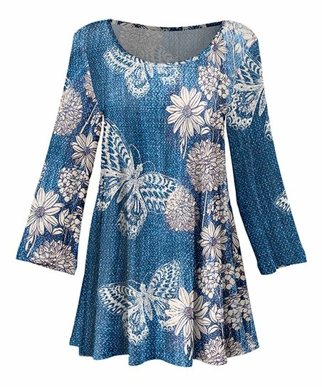 Lily | Navy & Cream Butterfly Floral Pleated Scoop-Neck Tunic - Women & Plus 1 Lily | Navy & Cream Butterfly Floral Pleated Scoop-Neck Tunic - Women & Plus
