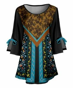 Lily | Black & Brown Floral Bow-Accent Three-Quarter Sleeve Tunic - Women & Plus