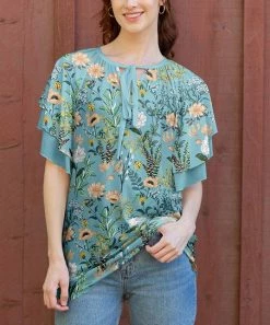 Lily | Turquoise & Cream Floral Ruffle-Sleeve Tie-Front Tunic - Women & Plus