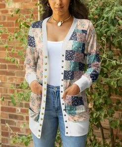 Lily | Pink & Blue Floral Patchwork Button-Up Cardigan - Women & Plus