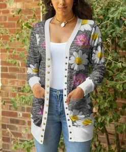 Lily | Gray & White Floral Button-Up Cardigan - Women & Plus