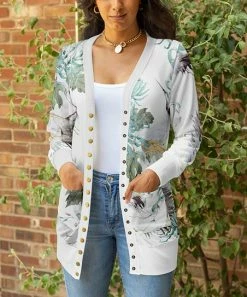 Lily | White & Mint Foliage Button-Up Cardigan - Women & Plus