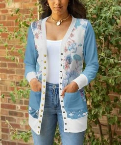 Lily | White & Blue Floral Button-Up Cardigan - Women & Plus