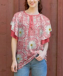 Lily | Rose & White Floral Ruffle-Sleeve Tie-Front Tunic - Women & Plus