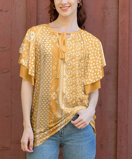 Lily | Gold & White Floral Ruffle-Sleeve Tie-Front Tunic - Women & Plus 1 Lily | Gold & White Floral Ruffle-Sleeve Tie-Front Tunic - Women & Plus