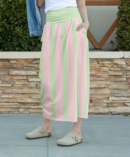 Lily | Light Pink & Green Stripe High-Waist Maxi Skirt - Women & Plus 1 Lily | Light Pink & Green Stripe High-Waist Maxi Skirt - Women & Plus