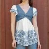 Lily | White & Blue Floral Center-Knot Ruffle Sleeve Tunic - Women & Plus
