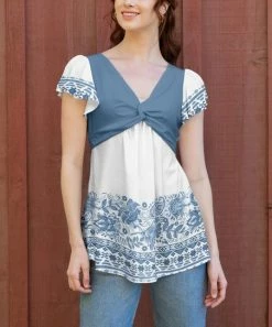 Lily | White & Blue Floral Center-Knot Ruffle Sleeve Tunic - Women & Plus