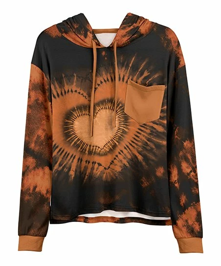 Lily | Brown & Black Tie-Dye Heart Chest-Pocket Hoodie - Women & Plus 1 Lily | Brown & Black Tie-Dye Heart Chest-Pocket Hoodie - Women & Plus
