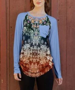 Lily | Rust & Blue Floral Side-Ruched Chest Pocket Raglan Tunic - Women & Plus