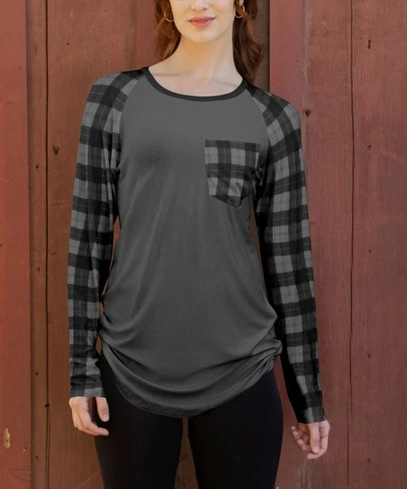 Lily | Gray & Black Plaid Side-Ruched Chest Pocket Raglan Tunic - Women & Plus 1 Lily | Gray & Black Plaid Side-Ruched Chest Pocket Raglan Tunic - Women & Plus