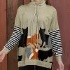 Lily | Beige & Black Cats & Stripe Drawstring Cowl Neck Pullover - Women & Plus