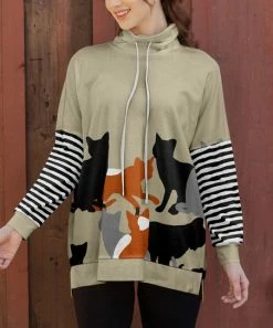 Lily | Beige & Black Cats & Stripe Drawstring Cowl Neck Pullover - Women & Plus