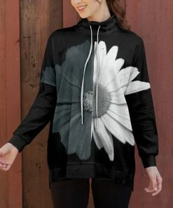 Lily | Black & Gray Flower Drawstring Cowl Neck Pullover - Women & Plus