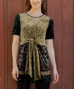 Lily | Black & Mocha Color Block Velvet Tie-Front Short-Sleeve Keyhole Tunic - Women & Plus