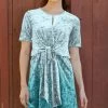 Lily | Aqua & Blue Ombré Velvet Tie-Front Short-Sleeve Keyhole Tunic - Women & Plus