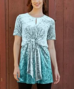 Lily | Aqua & Blue Ombré Velvet Tie-Front Short-Sleeve Keyhole Tunic - Women & Plus