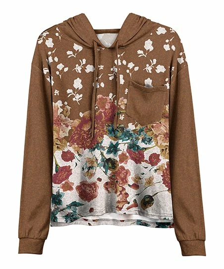 Lily | Brown & Cream Floral Chest-Pocket Hoodie - Women & Plus 1 Lily | Brown & Cream Floral Chest-Pocket Hoodie - Women & Plus