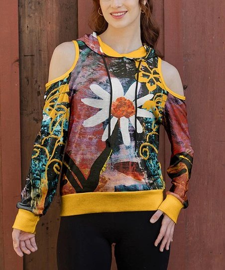 Lily | Yellow & Black Abstract Floral Cutout-Shoulder Hoodie - Women & Plus 1 Lily | Yellow & Black Abstract Floral Cutout-Shoulder Hoodie - Women & Plus