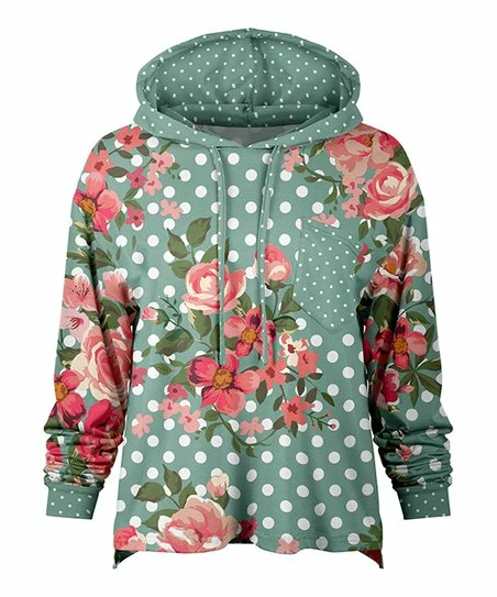 Lily | Turquoise & Rose Floral Polka Dot Chest-Pocket Hoodie - Women & Plus 1 Lily | Turquoise & Rose Floral Polka Dot Chest-Pocket Hoodie - Women & Plus