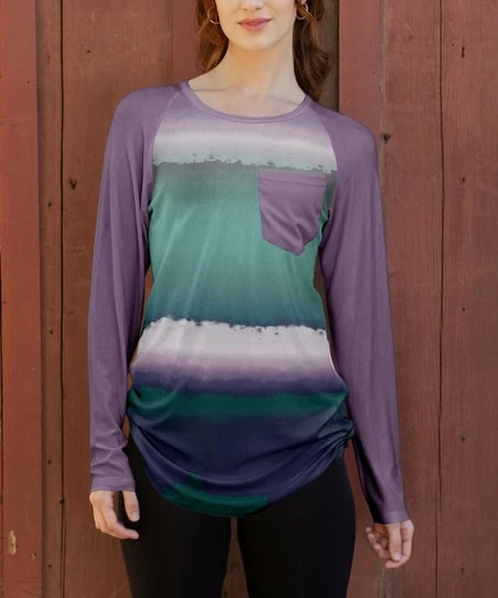 Lily | Purple & Turquoise Stripe Side-Ruched Chest Pocket Raglan Tunic - Women & Plus 1 Lily | Purple & Turquoise Stripe Side-Ruched Chest Pocket Raglan Tunic - Women & Plus