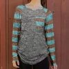 Lily | Gray & Brown Stripe Side-Ruched Chest Pocket Raglan Tunic - Women & Plus