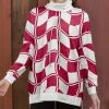 Lily | Red & White Wavy Checkerboard Drawstring Cowl Neck Pullover - Women & Plus