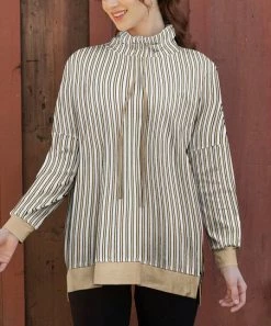 Lily | White & Beige Stripe Drawstring Cowl Neck Top - Women & Plus
