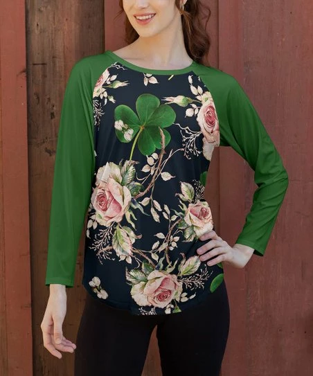 Lily | Navy & Green Floral Curved-Hem Long-Sleeve Tee - Women & Plus 1 Lily | Navy & Green Floral Curved-Hem Long-Sleeve Tee - Women & Plus