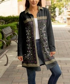 Lily | Black & Mocha Floral Geometric Longline Button-Up Shacket - Women & Plus