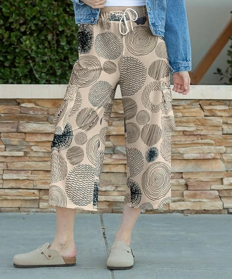 Lily | Beige & Navy Abstract Drawstring Pocket Capri Pants - Women & Plus 1 Lily | Beige & Navy Abstract Drawstring Pocket Capri Pants - Women & Plus