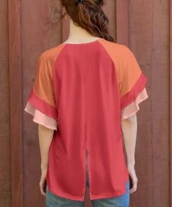 Lily | Red & Orange Color Block Flutter-Sleeve Tunic - Women & Plus -Cheap Lily Store zu112080837 alt 2 tm1675379798