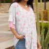Lily | Pink & White Floral Ruffle-Sleeve V-Neck Tunic - Women & Plus