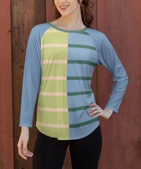 Lily | Blue & Green Stripe Curved-Hem Long-Sleeve Tee - Women & Plus 1 Lily | Blue & Green Stripe Curved-Hem Long-Sleeve Tee - Women & Plus