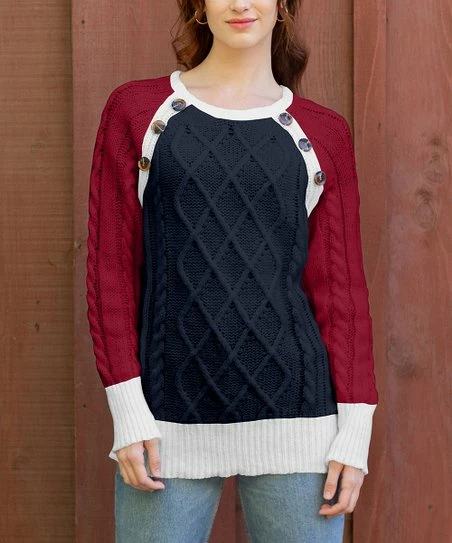 Lily | Navy & Red Cable-Knit Button-Accent Raglan Sweater - Women & Plus 1 Lily | Navy & Red Cable-Knit Button-Accent Raglan Sweater - Women & Plus