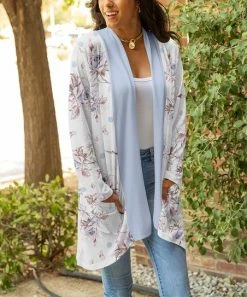 Lily | White & Blue Floral Open Cardigan - Women & Plus