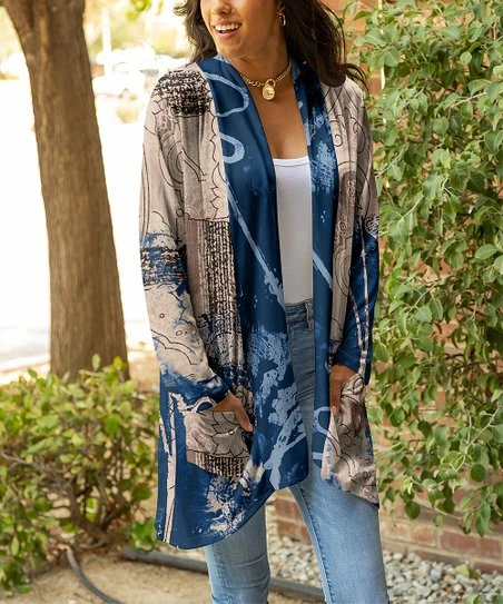Lily | Navy & Beige Abstract Open Cardigan - Women & Plus 1 Lily | Navy & Beige Abstract Open Cardigan - Women & Plus
