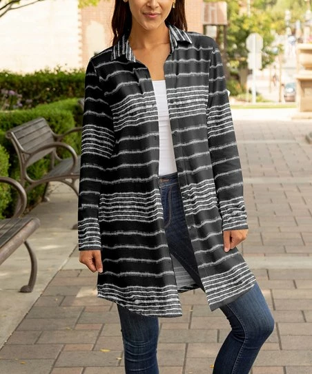 Lily | Black & White Stripe Longline Button-Up Shacket - Women & Plus 1 Lily | Black & White Stripe Longline Button-Up Shacket - Women & Plus