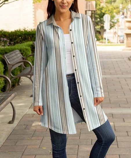 Lily | Mocha & Gray Stripe Longline Button-Up Shacket - Women & Plus 1 Lily | Mocha & Gray Stripe Longline Button-Up Shacket - Women & Plus