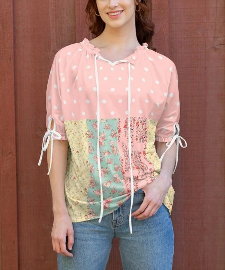 Lily | Pink & Yellow Polka Dot Drawstring-Accent Top - Women & Plus 1 Lily | Pink & Yellow Polka Dot Drawstring-Accent Top - Women & Plus