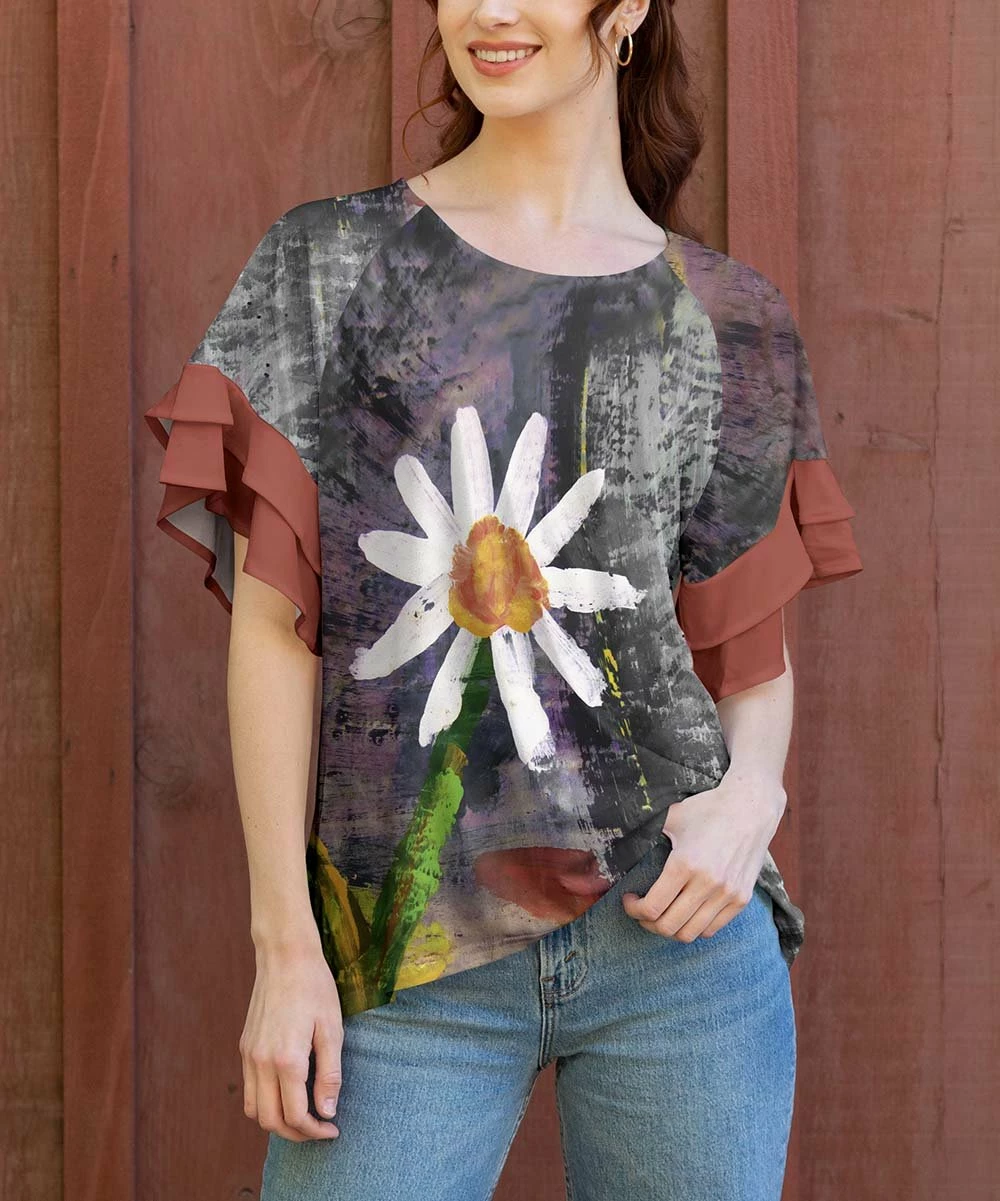 Lily | Gray & Rust Daisy Flutter-Sleeve Tunic - Women & Plus 1 Lily | Gray & Rust Daisy Flutter-Sleeve Tunic - Women & Plus