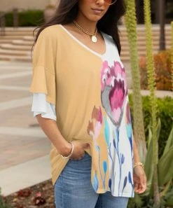 Lily | Yellow & White Floral Ruffle-Sleeve V-Neck Tunic - Women & Plus
